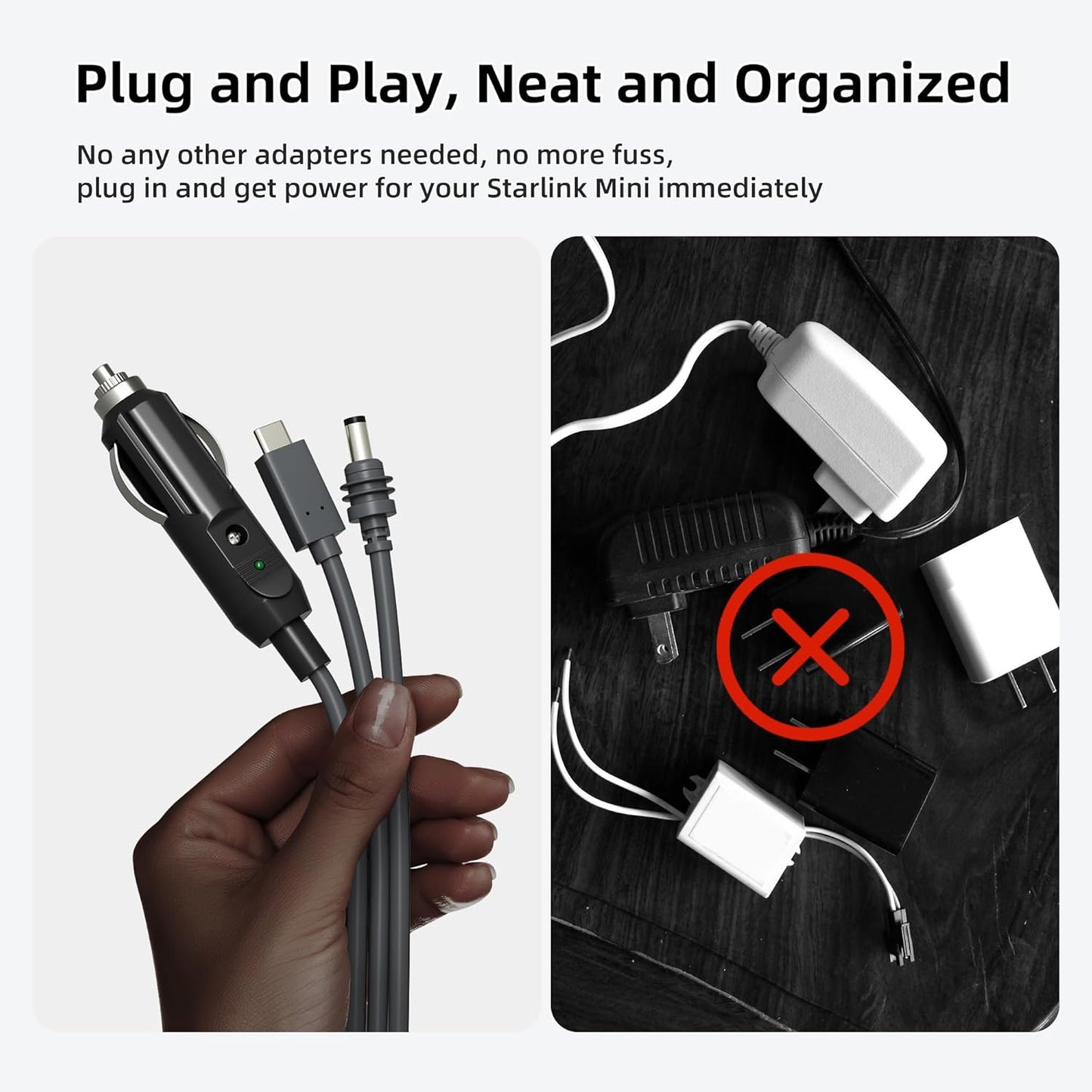 CHGRNLF Starlink Mini 3 in 1 DC Power Cable, 100W+ USB C 12-24V Cigarette Lighter Plug and DC Male Power Cable Cord for Starlink Mini, Plug and Play Starlink Mini Accessories
